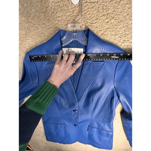 Vtg Y2K Bright Blue Genuine Leather Blazer Jacket Women's Sz 10 2 Button Peplum - Picture 14 of 16